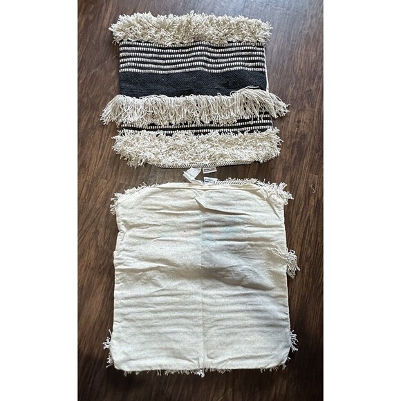 Pair 20"x20" Boho Pillow Covers Black Ivory Fringe Zipper Farmhouse Texture New - Picture 4 of 8